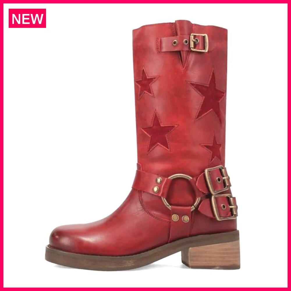 Women's Knee High Riding Boots Square Toe Chunky Heel Buckle Belts